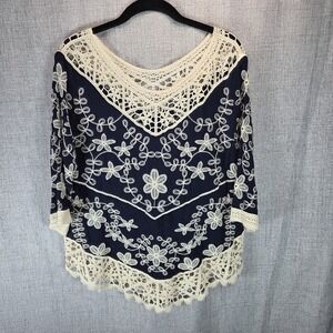 Boho Floral Women's Crochet Navy/Beige Beach Small Solitaire Top Tunic Colorful